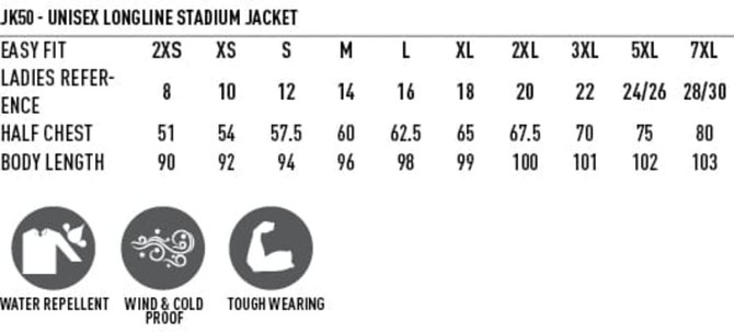 A size chart for the Long Line Stadium Jacket, detailing measurements in various sizes, including 2XS to 7XL.