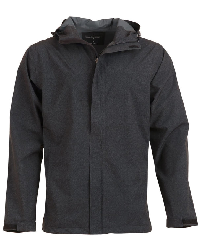 A men's waterproof performance jacket in dark grey, featuring a hood and a zip-front closure. It has a logo on the chest.