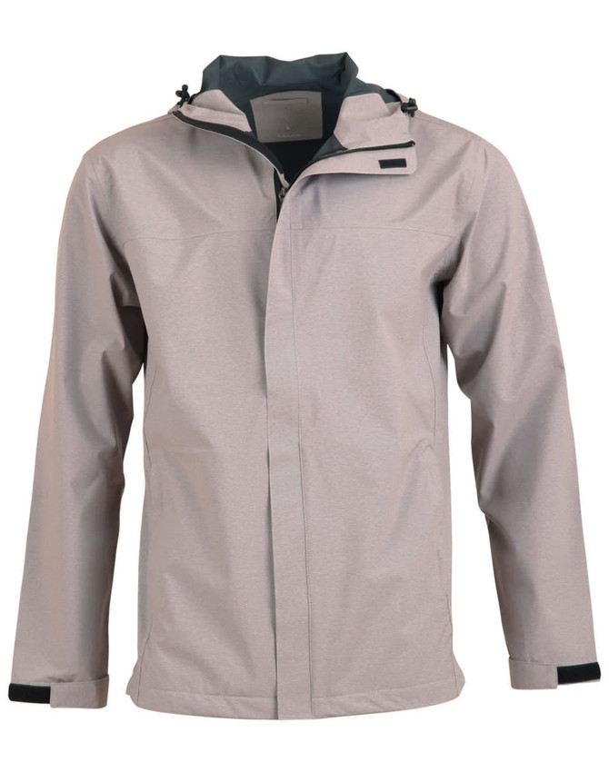 A men's waterproof performance jacket in light grey, featuring a hood and a logo on the chest.