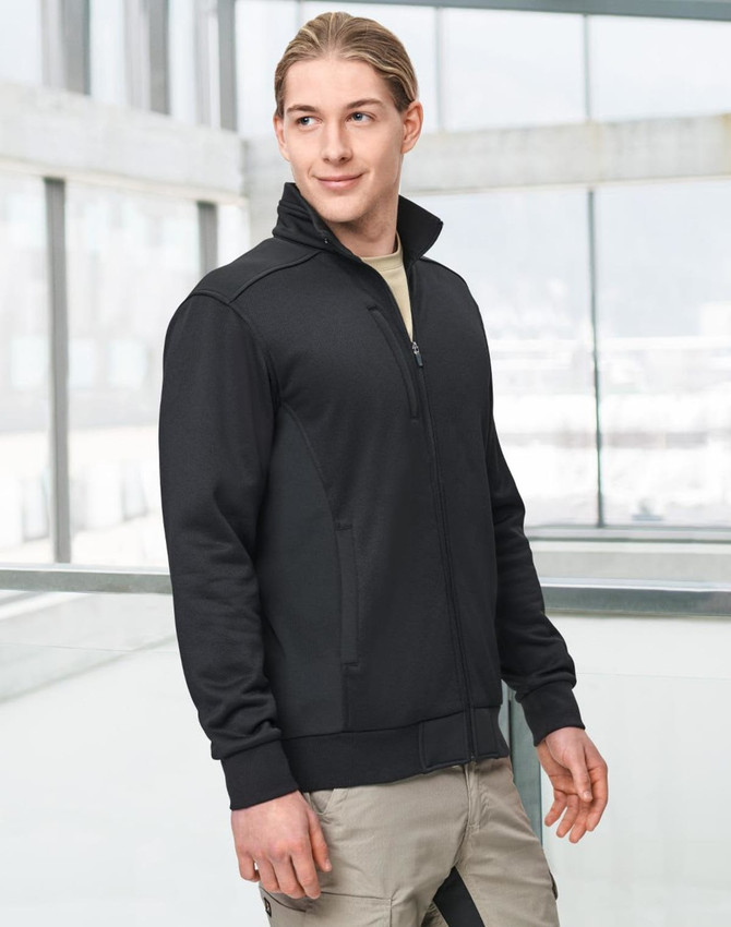 A men's black jacquard fleece jacket with a zip front and high collar, featuring side pockets and a logo.