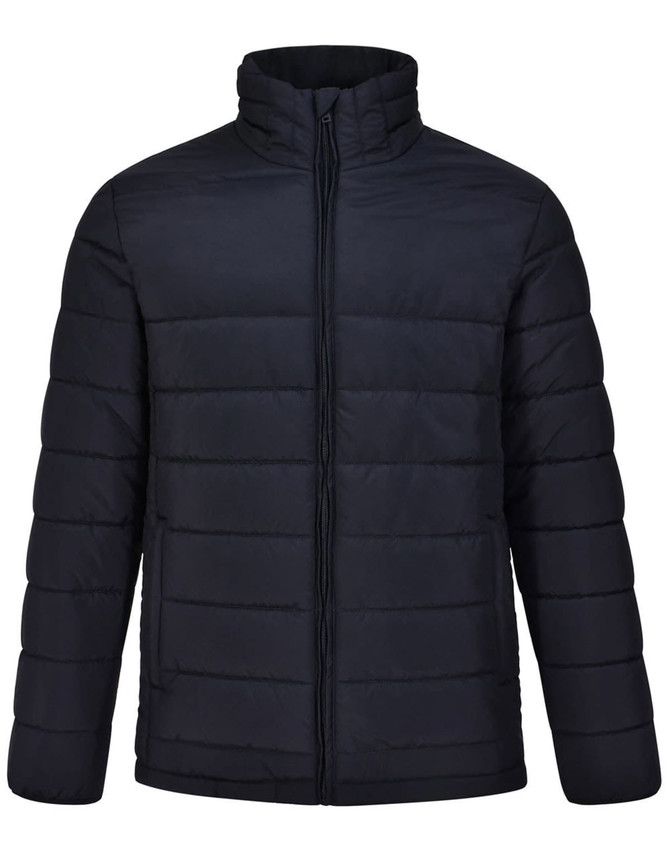 Men's sustainable insulated puffer jacket in navy blue with a zip front and a simple design. Features a logo.