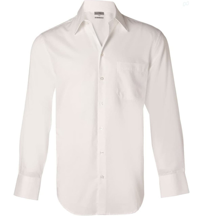 A white long sleeve button-up shirt with a front pocket and a collar, featuring a logo.
