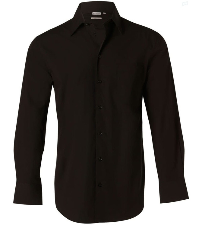 A black long-sleeve button-up shirt made of cotton and polyester with a logo on it.
