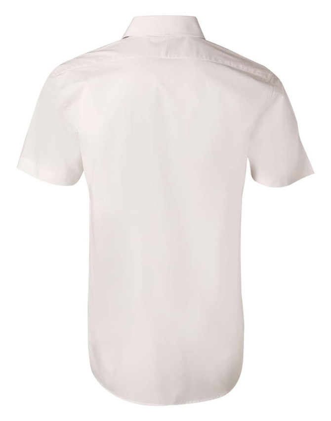 A white men's short-sleeve button-up shirt with a smooth finish, featuring a logo on the back.
