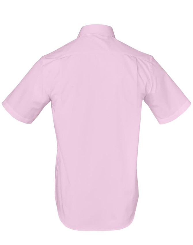 A short-sleeved, button-up shirt in light pink, featuring a smooth back design and a logo.