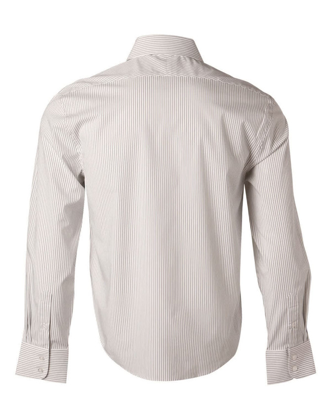 A men's long-sleeve button-up shirt with a grey and white ticking stripe pattern and a logo on the back.