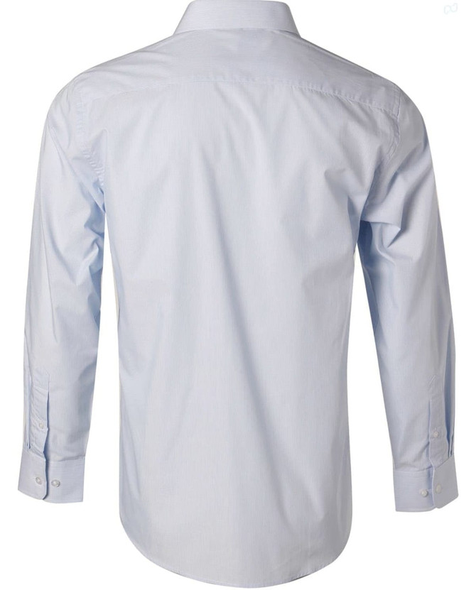A light blue long sleeve button-up shirt with fine stripes and a back view, featuring a logo on the label.