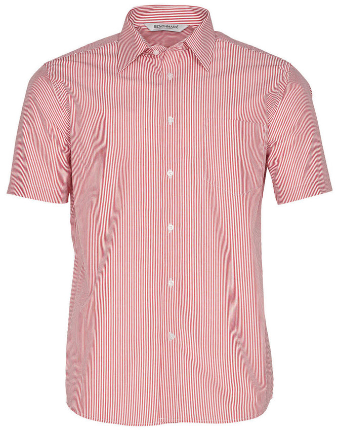 Men's short sleeve button-up shirt featuring white and red vertical stripes and a chest pocket. 