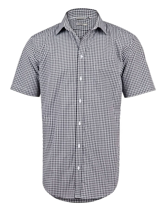 A short-sleeve men's button-up shirt with a black and white gingham check pattern. The shirt features a collar and front buttons.