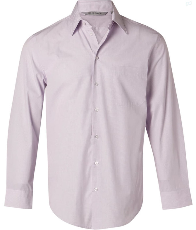 A light purple men's long-sleeve button-up shirt with a single chest pocket and a collar.
