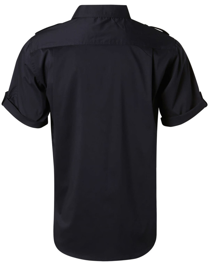 A black short sleeve military-style shirt, featuring a button-up design and rolled sleeves. It has a logo on it.