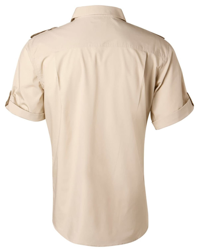 A beige men's short sleeve military shirt with rolled sleeves and shoulder epaulettes, featuring a logo.