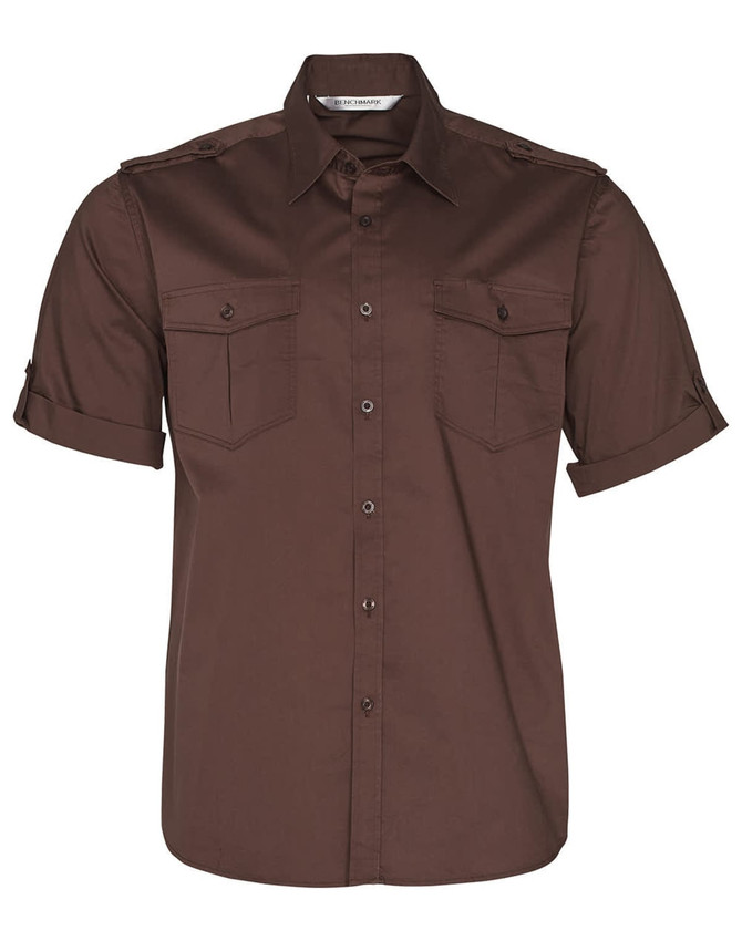 A short sleeve military shirt in a rich brown colour with two front pockets and a logo on the label.