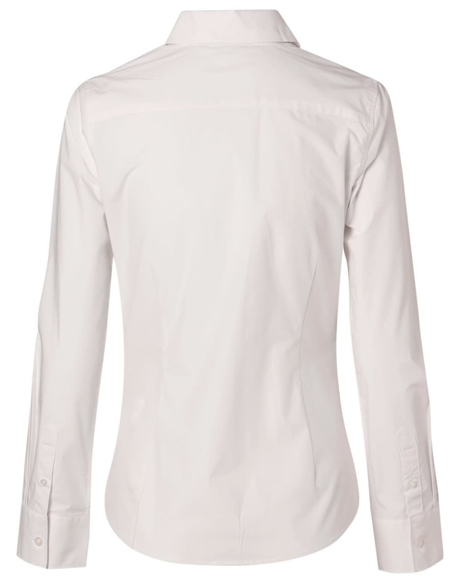 A women's long-sleeve button-up shirt in a light colour, featuring a fitted design and a back yoke. It has a logo.