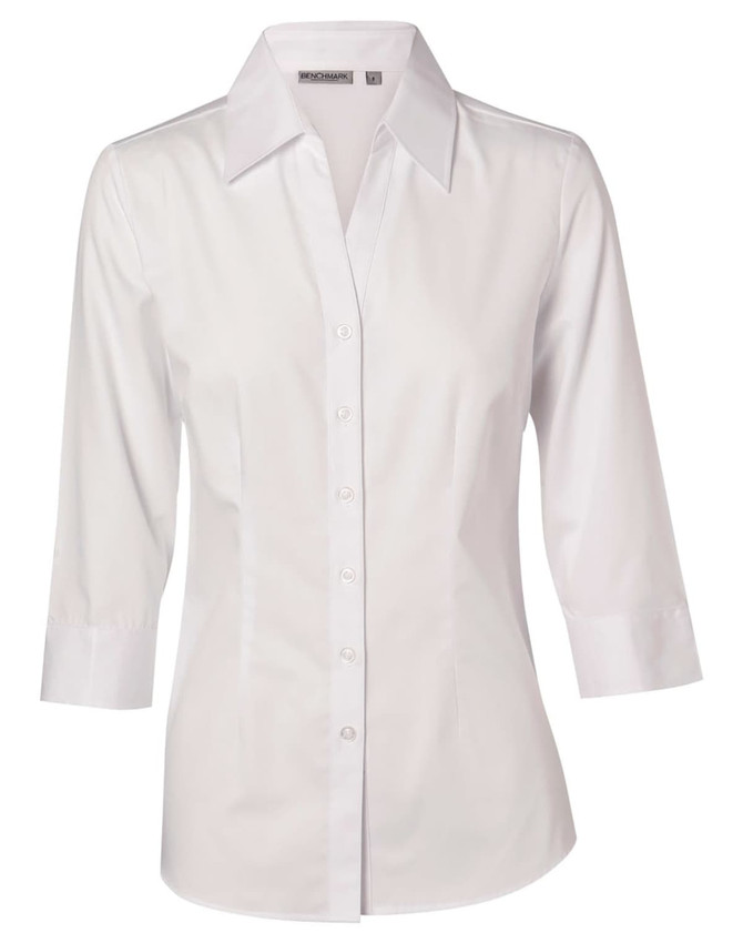 A white women's cotton/poly stretch 3/4 sleeve button-up shirt with a collar and a logo.