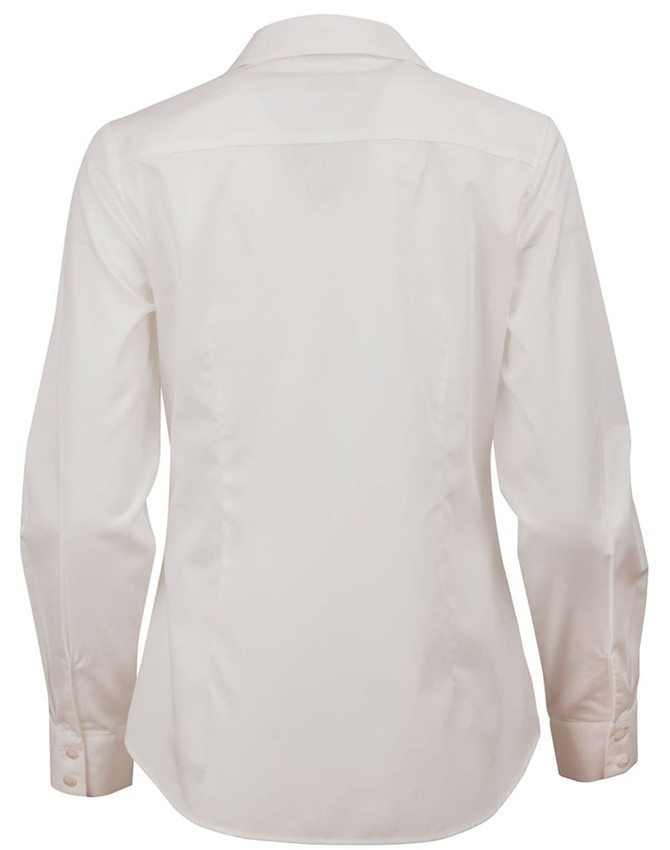 A white ladies' button-up shirt featuring a dobby stripe design and long sleeves, with a plain back view.