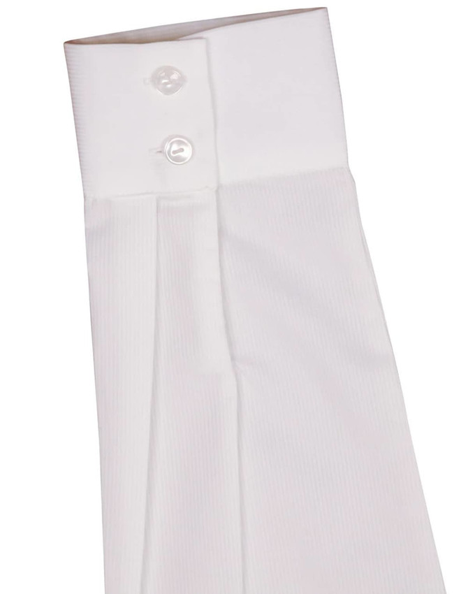 A white striped long-sleeve shirt featuring a button-up collar and two buttons on the cuff. It includes branding details.