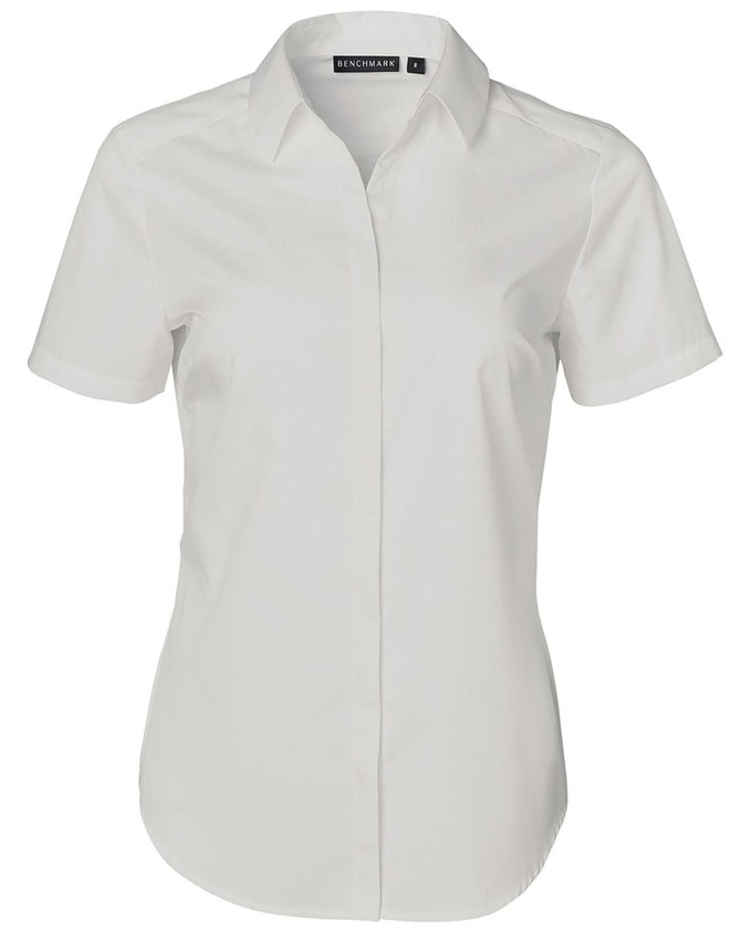 A white short-sleeved button-up shirt featuring a dobby striped pattern and a logo on the collar.