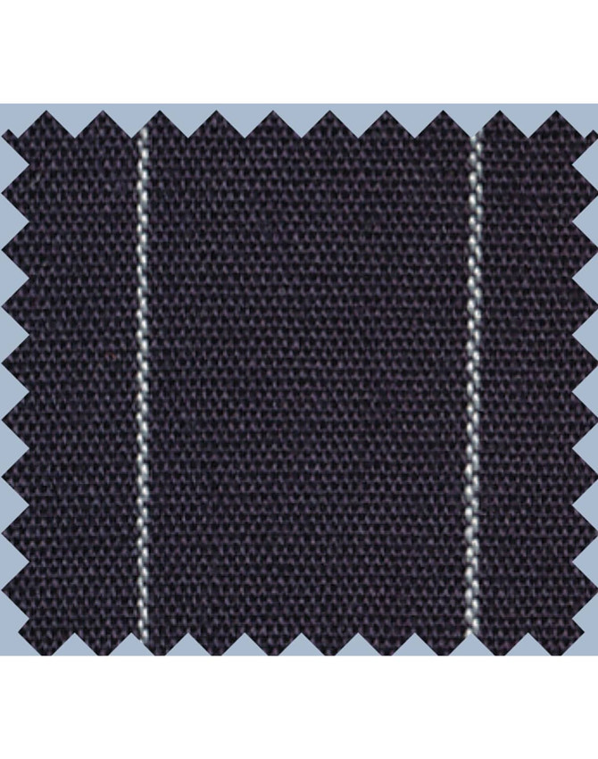 A swatch of dark fabric with narrow white pinstripes, featuring a textured weave and zigzag cut edges.