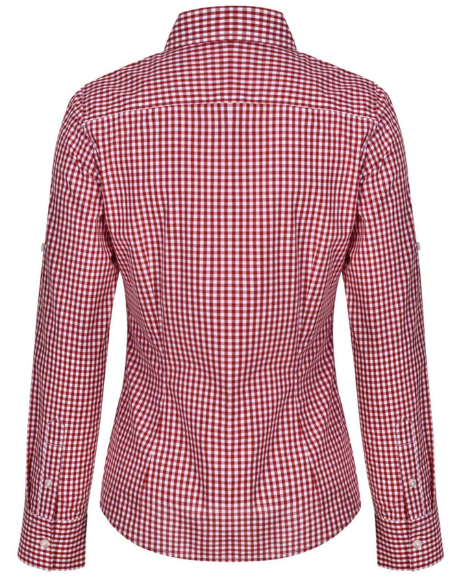 A red and white gingham check roll-up long sleeve shirt with a fitted design and a logo on the back.