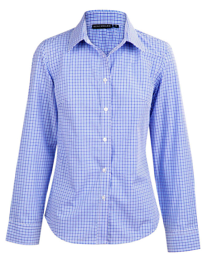 A blue and white check pattern long-sleeve button-up shirt with a collar and branding on the neckline.