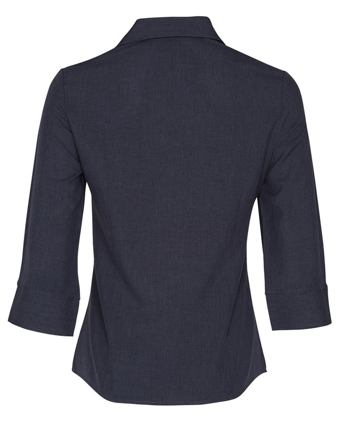 A dark navy women's 3/4 sleeve shirt featuring a collared design and rolled sleeves, with a logo on the back.