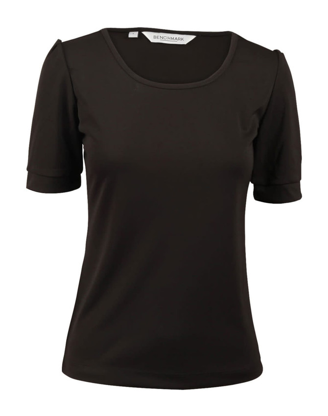A women's black scoop neck T-shirt with short sleeves and a slight gathering at the sleeves. It features a logo.