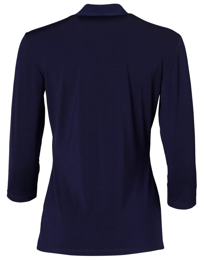 A navy blue mid-sleeve knit top featuring a shawl collar and a logo on the back.
