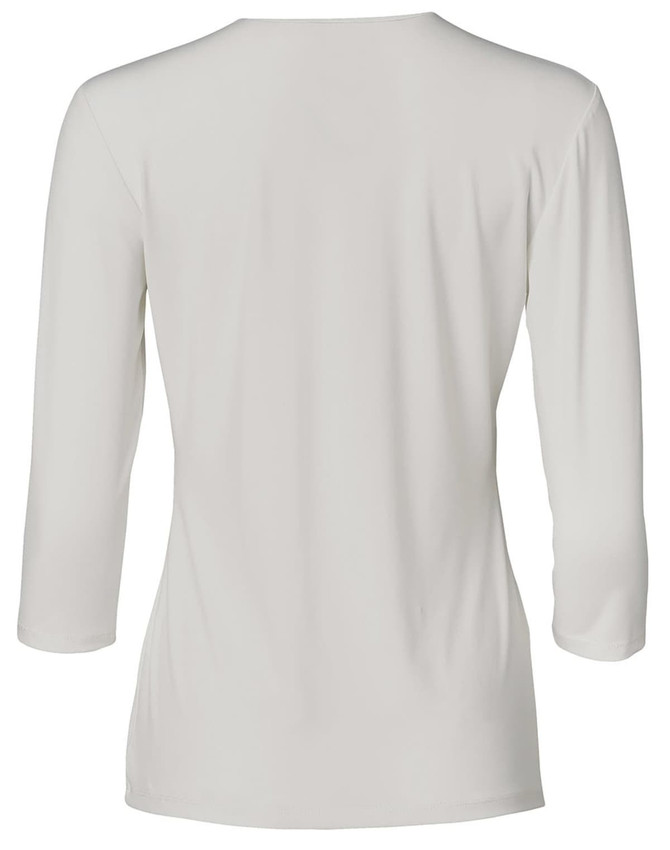 A light grey, mid sleeve knit top with a sleek back design. The shirt features a small logo.