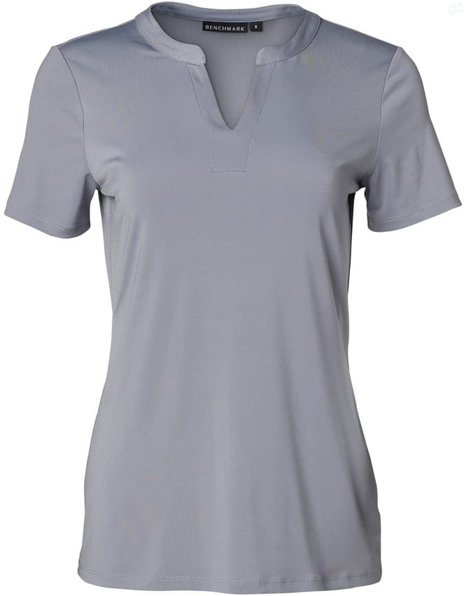 A grey ladies' V-neck short-sleeve knit top with a tab detail and a logo at the neck.