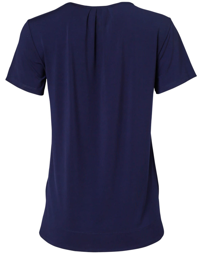 A navy blue ladies' short-sleeve top with pleats at the back and a round neckline, featuring a logo.