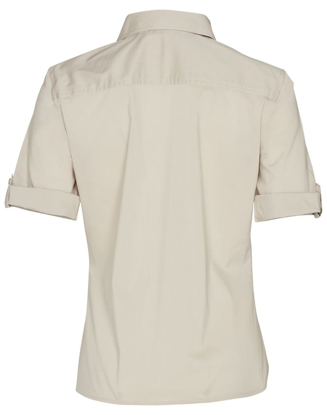 A beige women's short sleeve military shirt with a button-up design and rolled sleeves, featuring a logo.