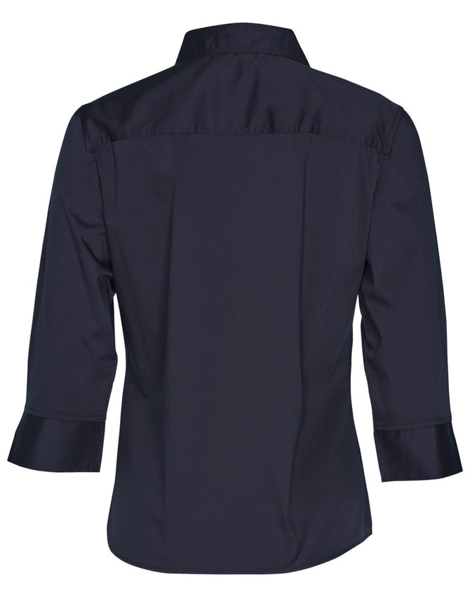 A women's 3/4 sleeve military shirt in navy, featuring a classic collar and back yoke design. Includes a logo.