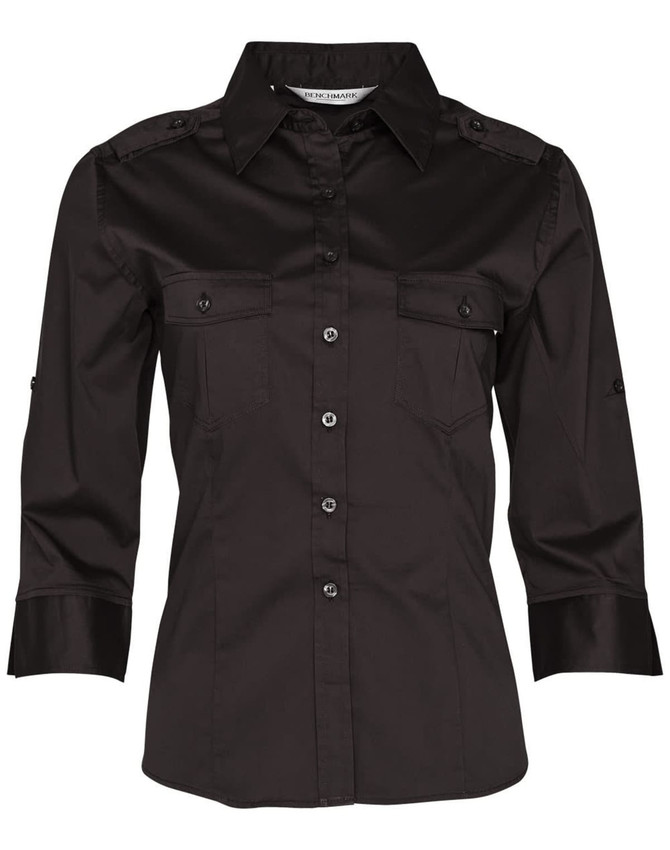 A black women's 3/4 sleeve military shirt featuring button-front closure and chest pockets. The shirt has a logo on it.