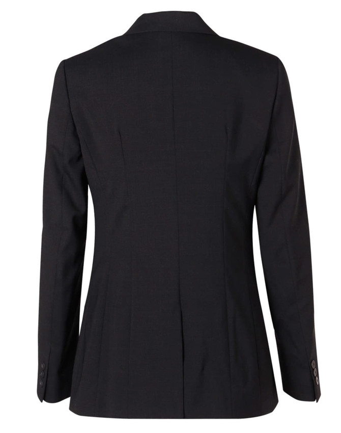 A black women's mid-length jacket with a fitted back and long sleeves, featuring a single vent and buttoned cuffs.