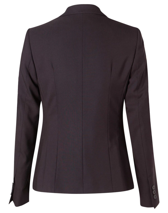 A black women's cropped jacket with a one-button closure and tailored fit, featuring a back view with subtle detailing.