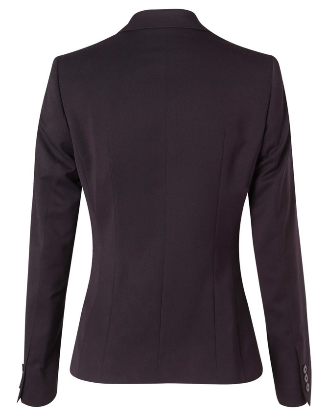 A black women's one button cropped jacket with a fitted silhouette and single-button closure at the back.