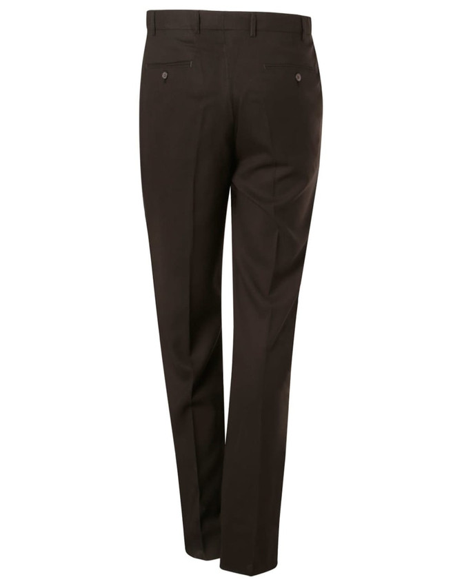 Men's polyviscose stretch pants in dark brown, featuring a tailored fit and pockets at the back.