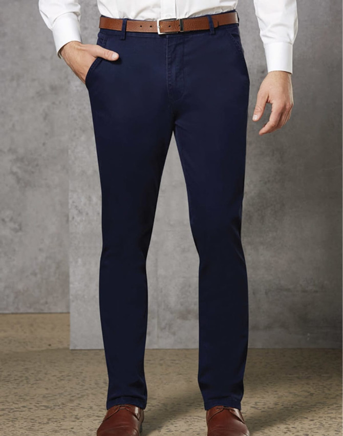 Men's Boston Chino Pants in navy, featuring a slim fit and pockets, paired with a belt and a white shirt.