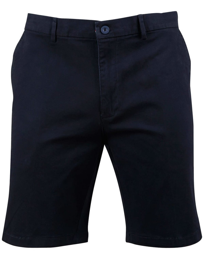 Men's stretch cotton chino shorts in navy, featuring a button closure and front pockets. Includes a logo.