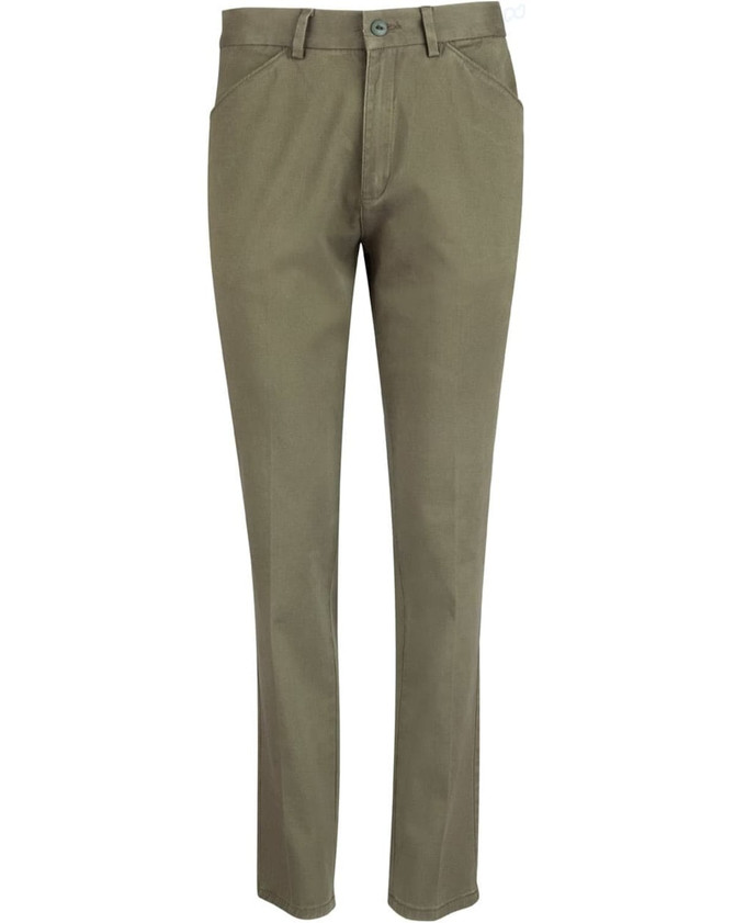 Ladies' Boston Chino Pants in olive green, featuring a streamlined fit and pockets. Includes a logo on the waistband.