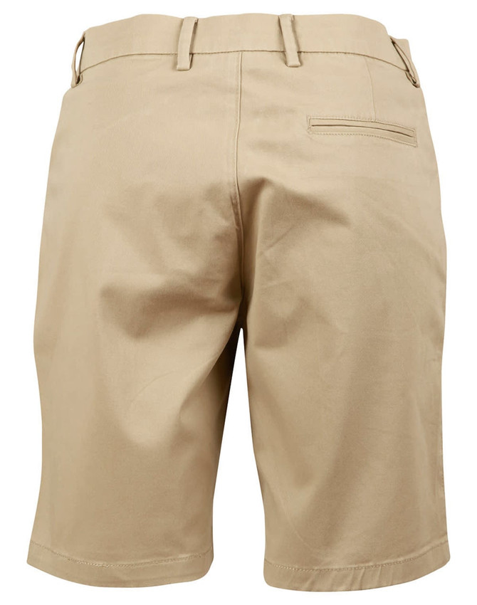 Tan stretch cotton chino shorts with a back pocket and waistband detailing. Features a logo on the waistband.