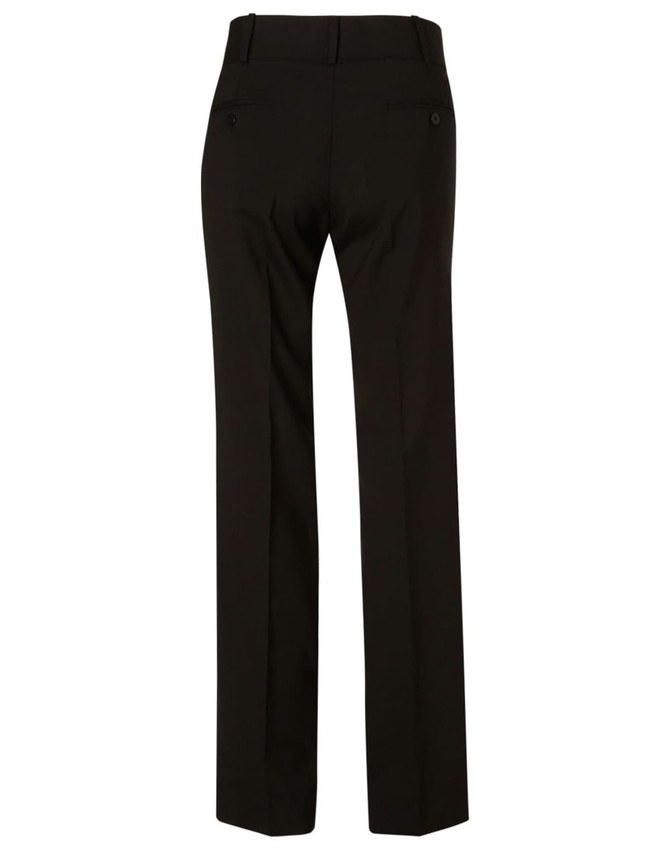 Black women's low rise pants in a wool stretch fabric, featuring a straight-leg cut and rear pockets.