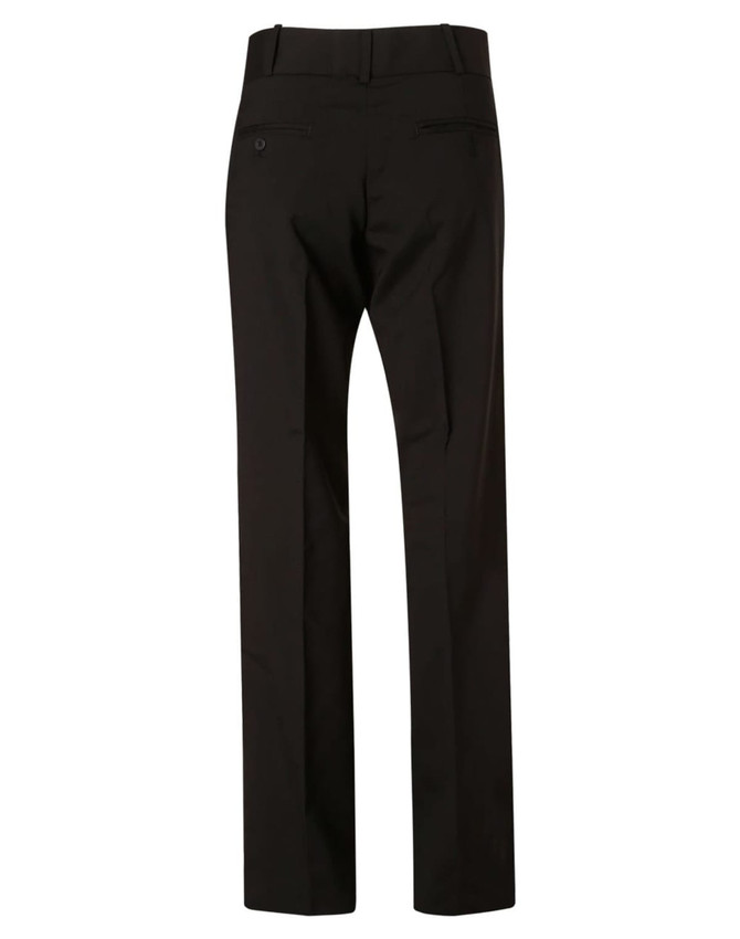 Women's low rise slacks in black wool stretch, featuring a straight leg design and back pockets.