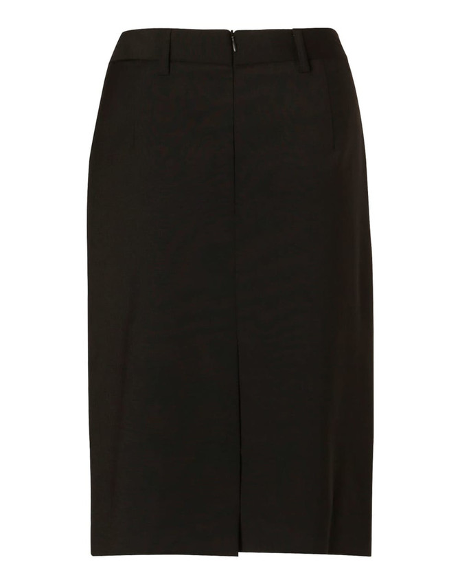 A women's mid-length lined pencil skirt in black wool stretch, featuring a back zipper and a simple design.