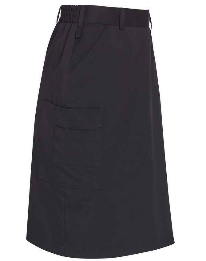 A black utility cargo skirt featuring an elastic waistband and side pockets, with a simple design and a branding logo.