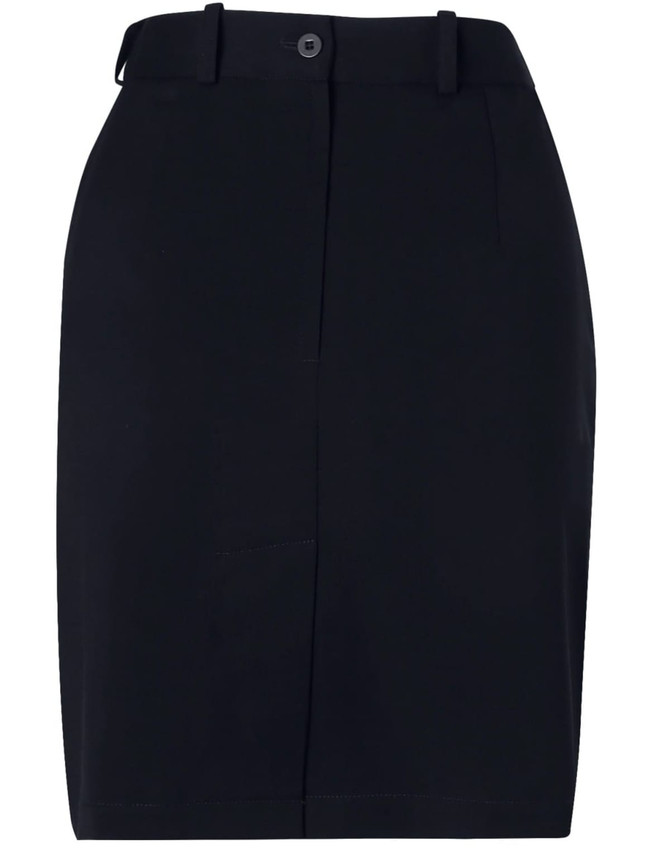 A black utility skirt featuring a fitted design, button closure, and pockets, with a logo on the waistband.