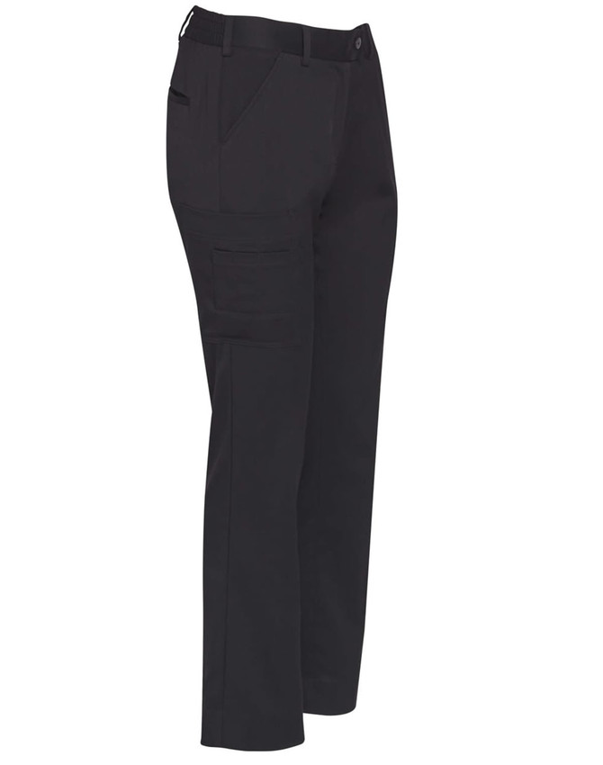 Utility cargo pants in black, featuring multiple pockets and a straight leg design. Includes a logo on the fabric.
