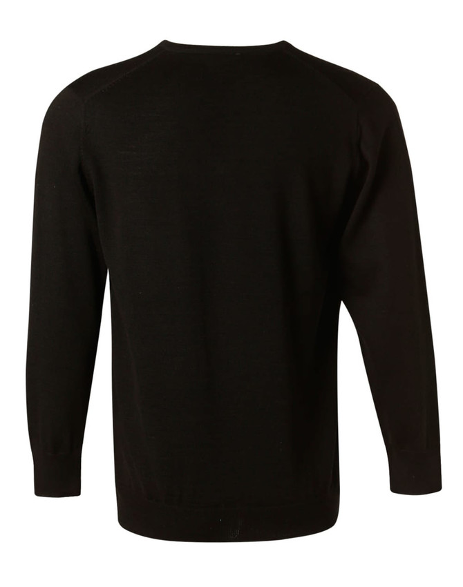 A black men's long-sleeve V-neck sweater made from 100% Merino wool, featuring a simple back design and a logo.