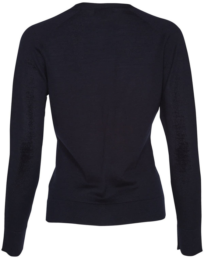 A women's long-sleeve cardigan in dark navy, made from 100% merino wool, featuring ribbed cuffs and hem.
